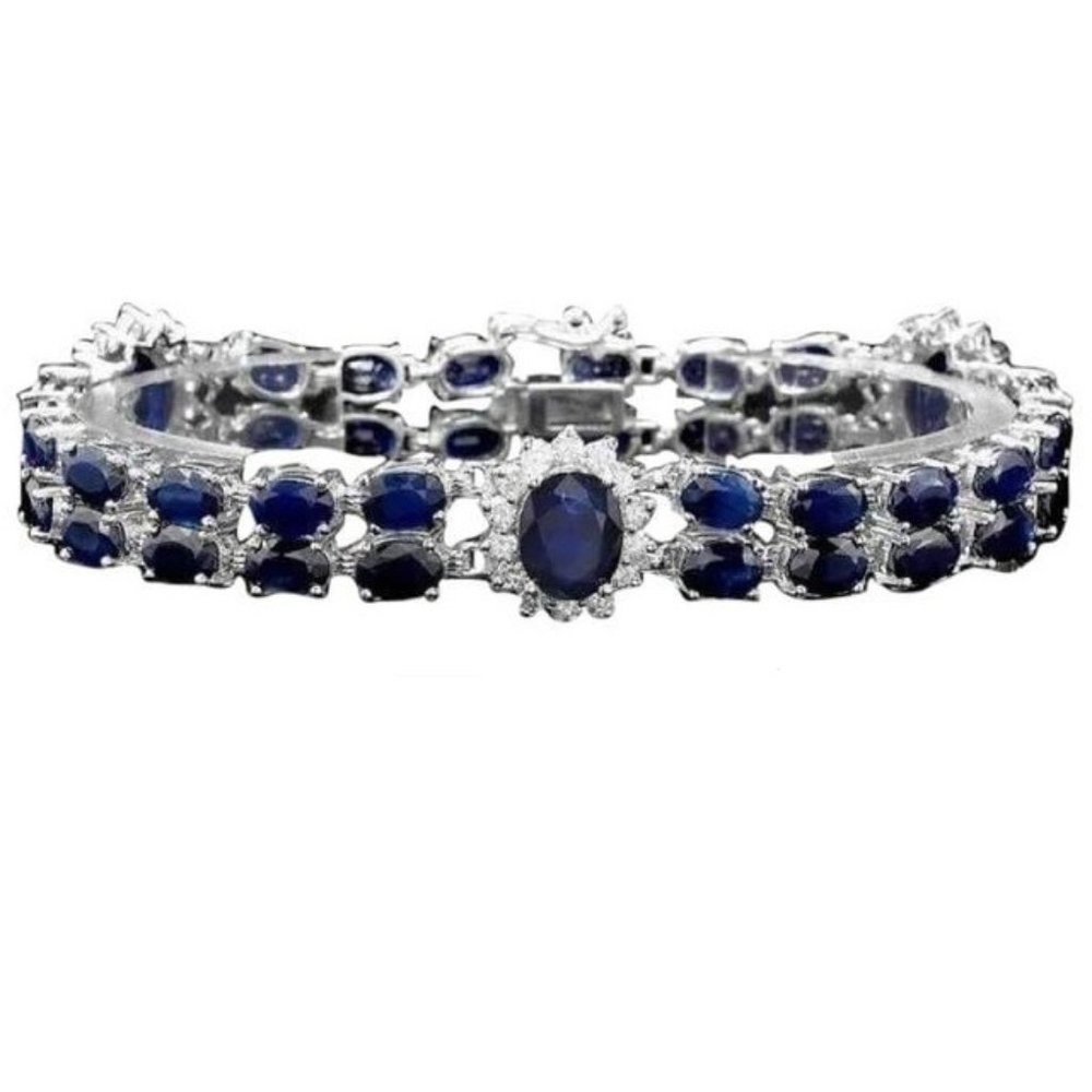 30.60 Natural Blue Sapphire and Diamond 14K Solid White Gold Bracelet